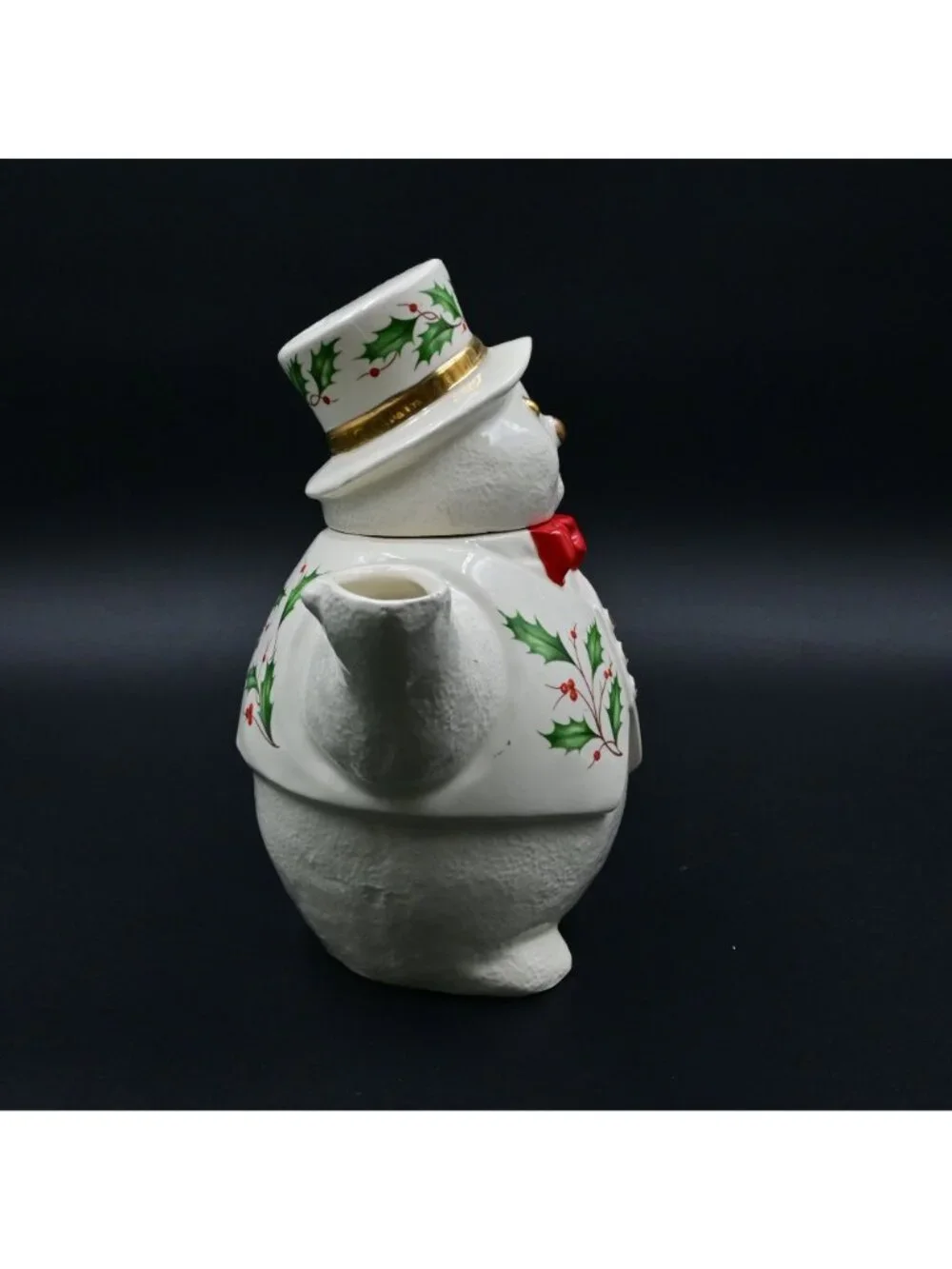 Lenox Holiday Snowman Teapot Christmas Holly Berry Fine Porcelain Gold Trim